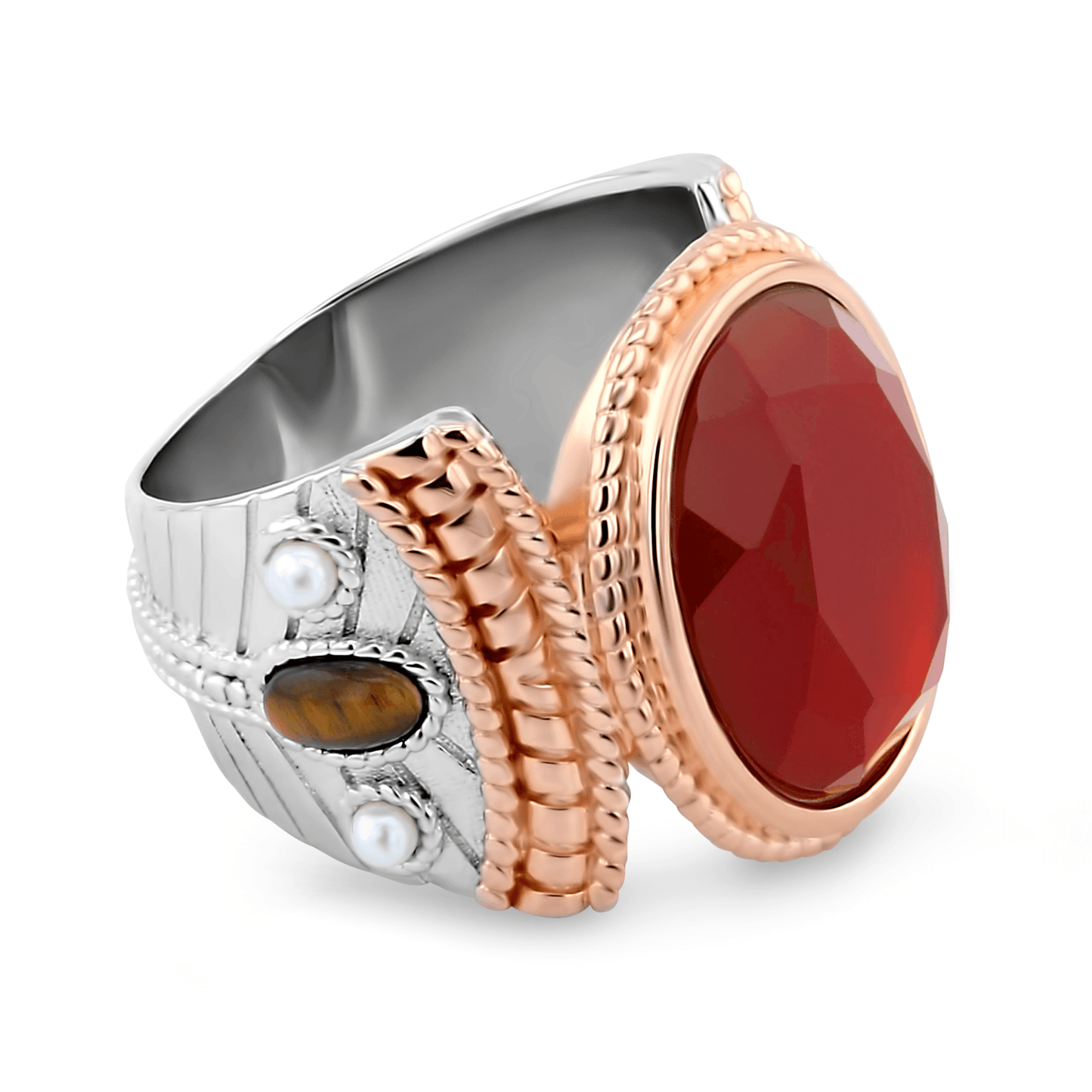 Bague en Argent 925 plaqué Rhodium et Or rose 18k assemblée de Onyx rouge, Oeil de tigre et Perle d'eau douce - Maison Di Giorgio