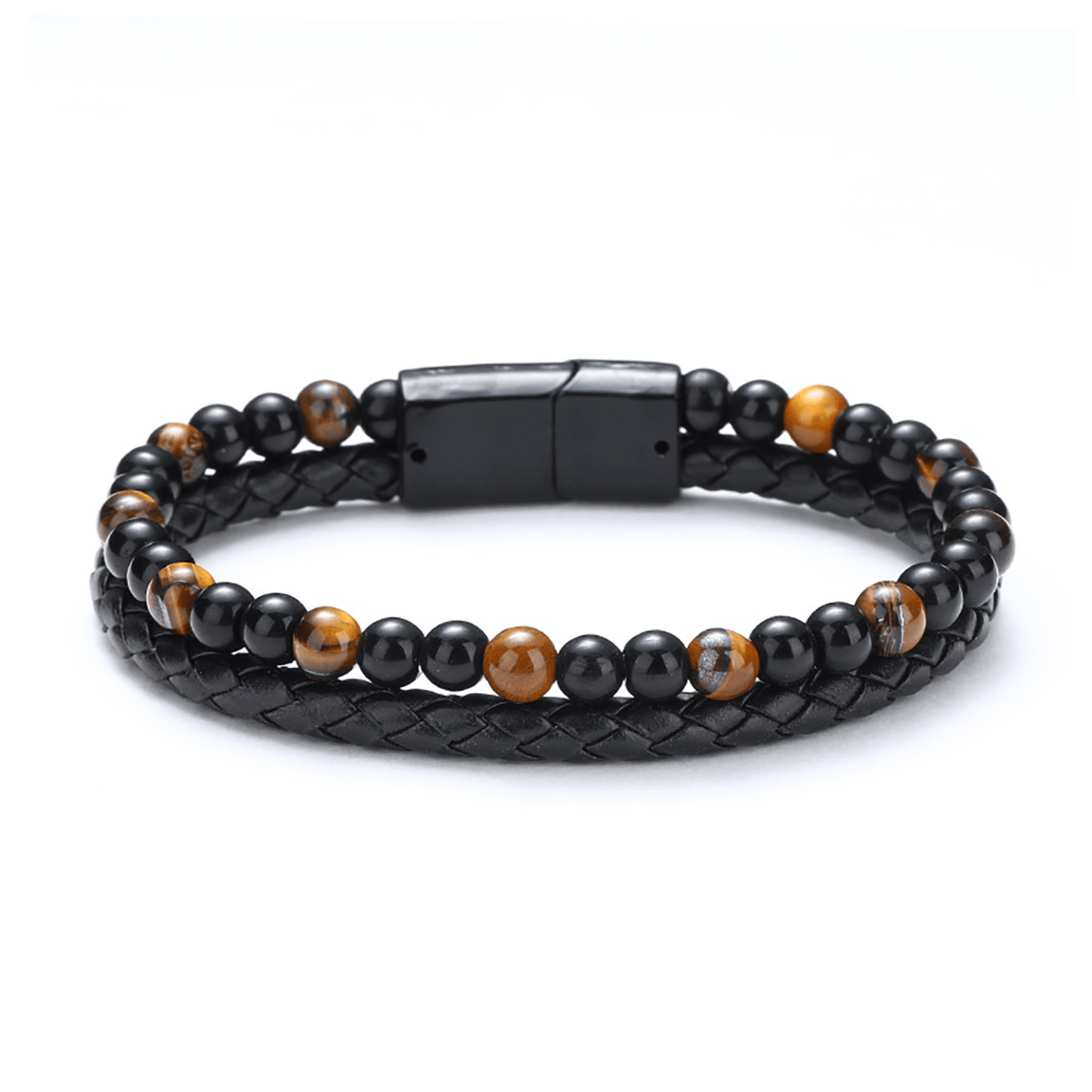 Bracelet cuir et acier inoxydable plaqué rhodium assemblé de pierre de lave et oeil de tigre - Maison Di Giorgio
