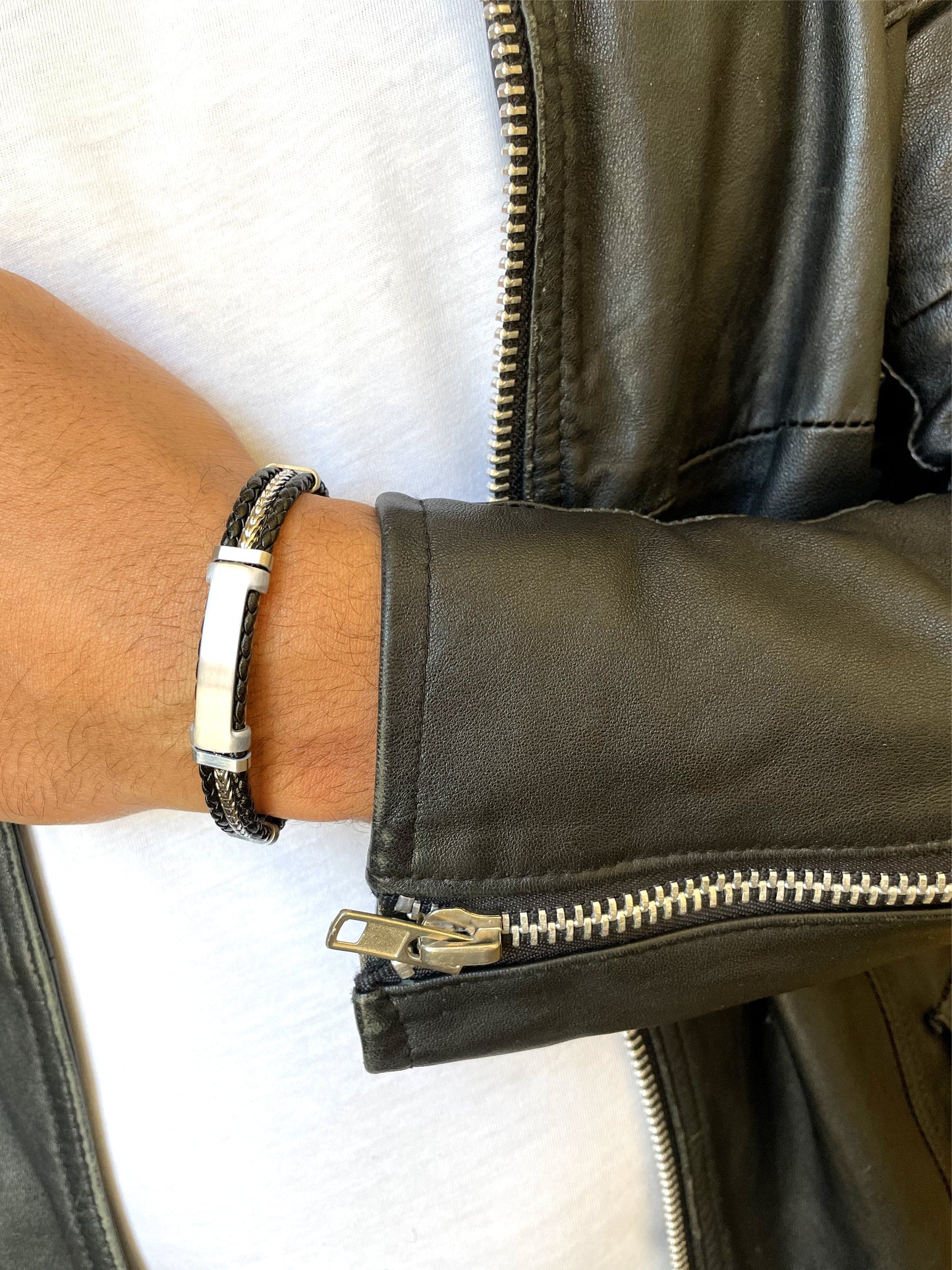 Bracelet cuir véritable et Acier inoxydable plaqué Argent - Maison Di Giorgio