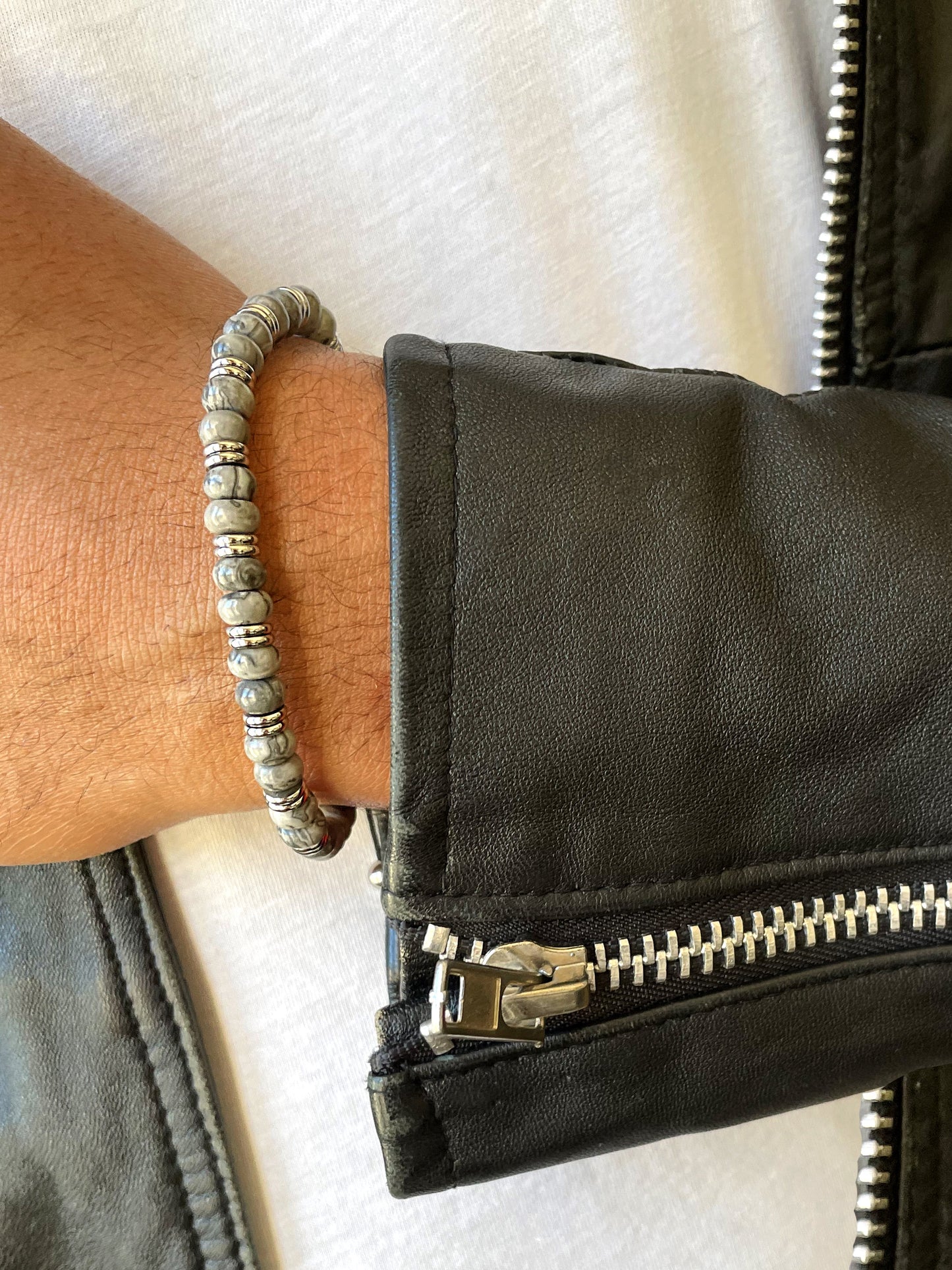 Bracelet perles assemblé de jaspe et d'acier inoxydable plaqué Argent - Maison Di Giorgio