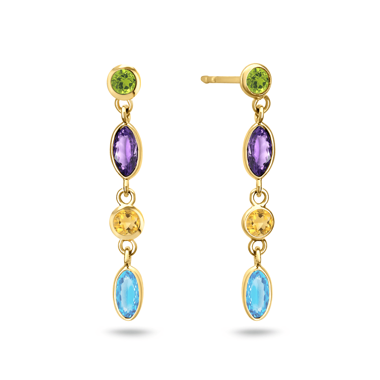 Boucles d'oreilles en Or jaune 9k assemblées de Péridot, Citrine, Améthyste et Topaze bleu suisse - Maison Di Giorgio