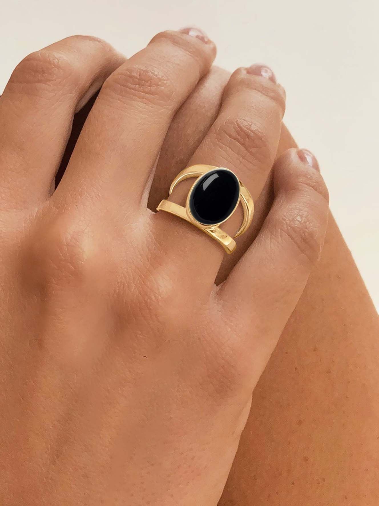 Bague en Argent 925 doré Or jaune 18k assemblée d'Onyx noir - Maison Di Giorgio