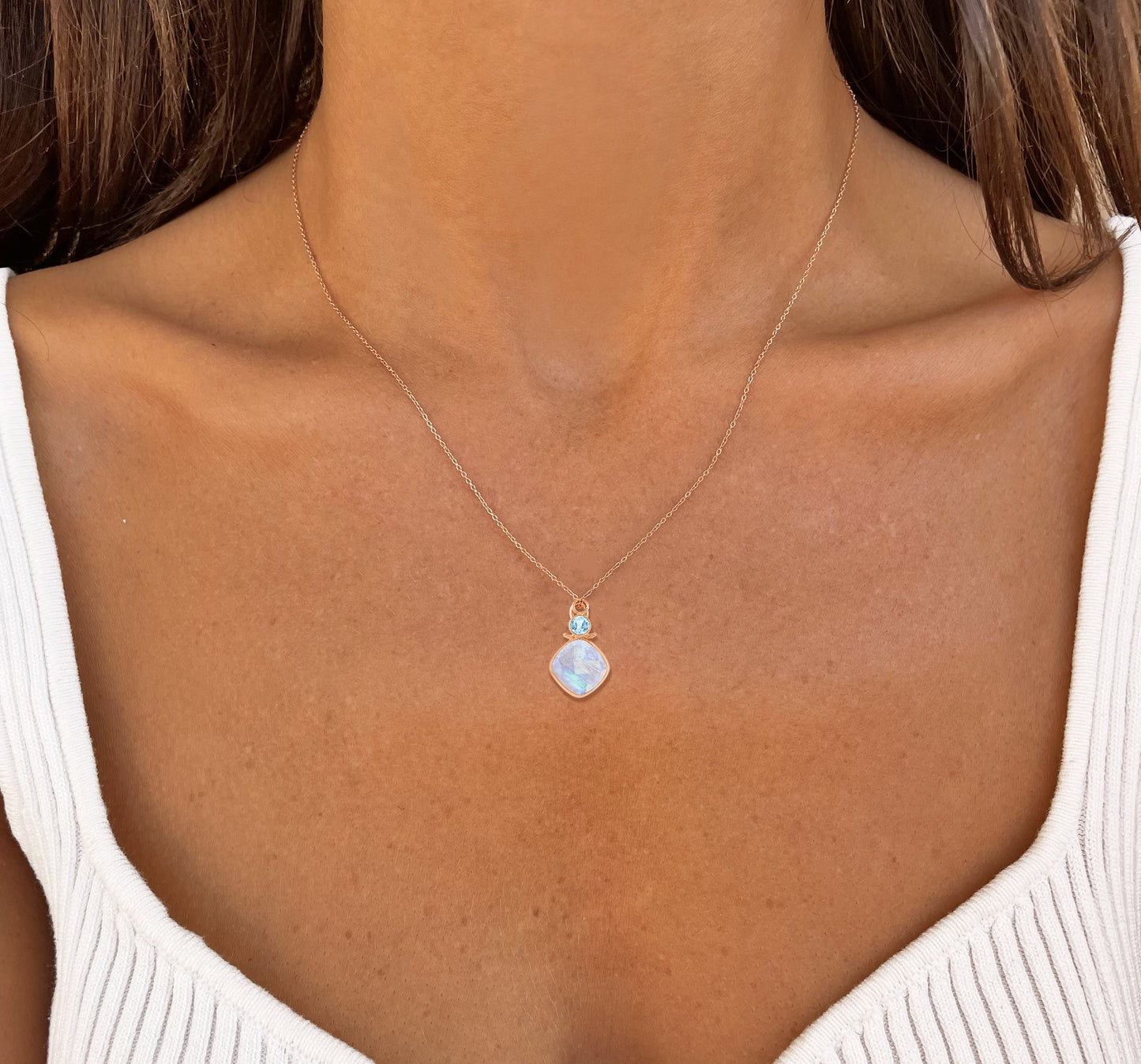 Collier en Argent 925 doré Or rose 18k assemblé de Pierre de lune et Topaze bleue - Maison Di Giorgio