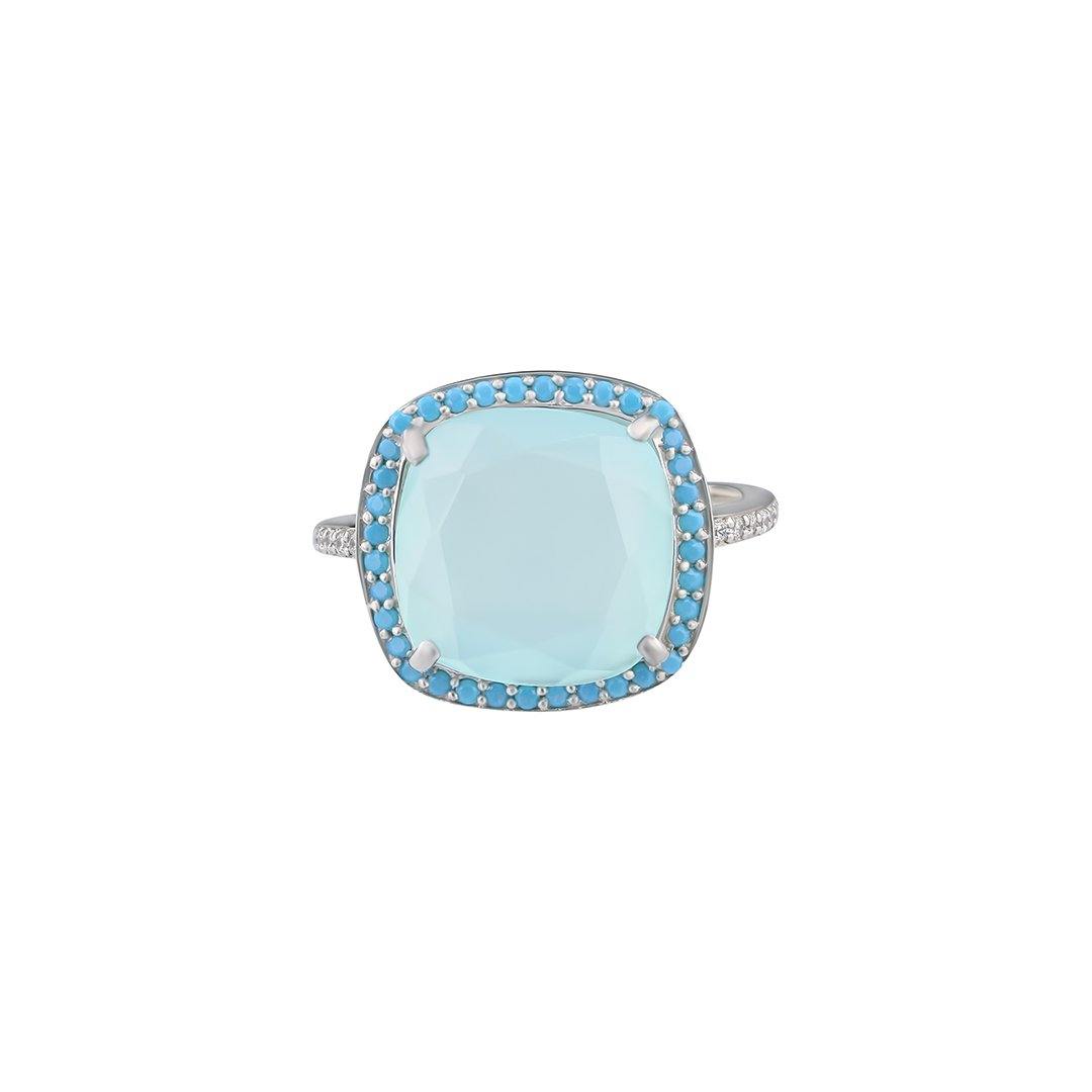 Bague en Argent 925 plaqué Rhodium assemblée de Calcédoine aqua, Turquoise nano et Oxyde de zirconium - Maison Di Giorgio