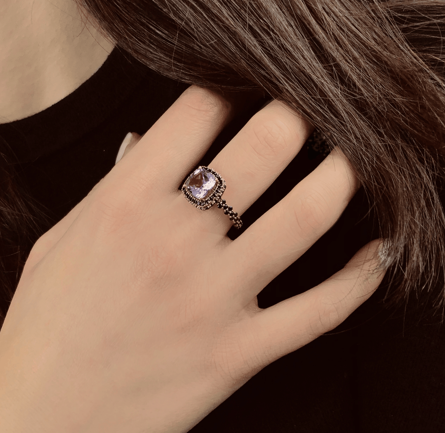 Bague en Argent 925 doré Or rose 18k assemblée d'Améthyste et Spinelle noire - Maison Di Giorgio