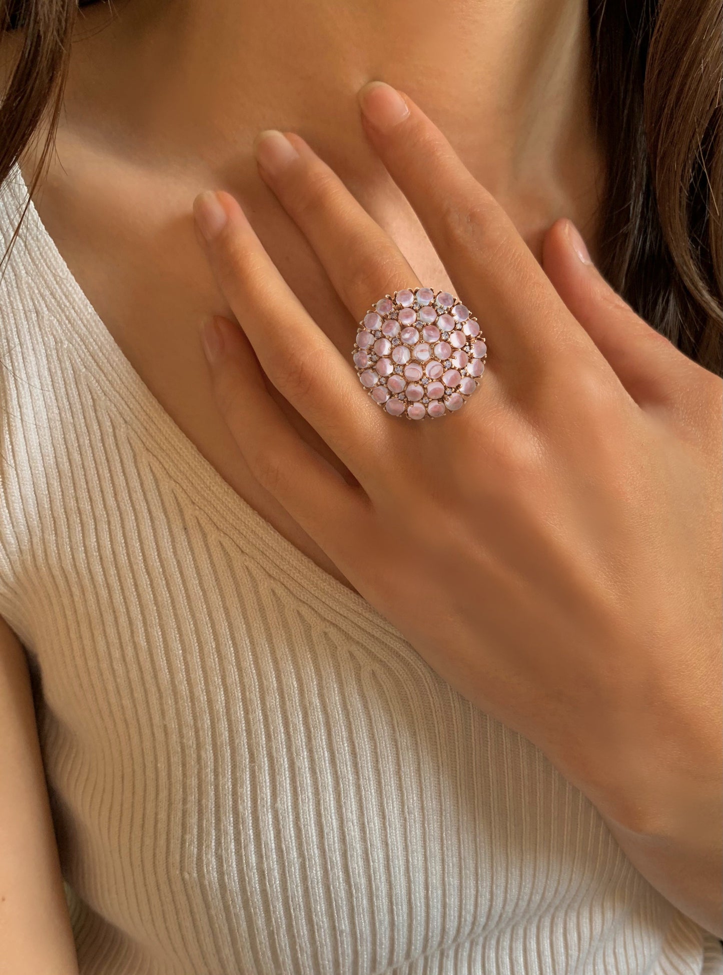 Bague en Argent 925 doré Or rose 18k assemblée de Quartz rose, Rhodolite et Oxyde de zirconium - Maison Di Giorgio