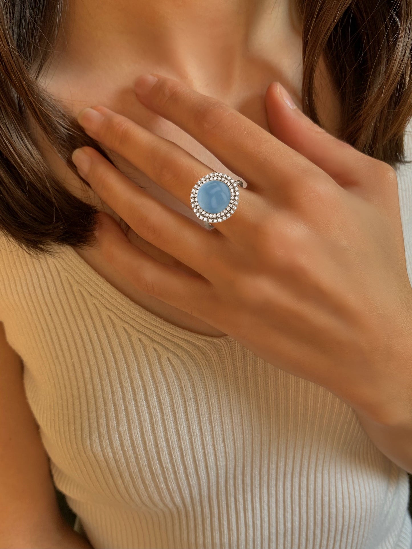 Bague en Argent 925 plaqué Rhodium et assemblée d'Aquamarine et Oxyde de zirconium - Maison Di Giorgio
