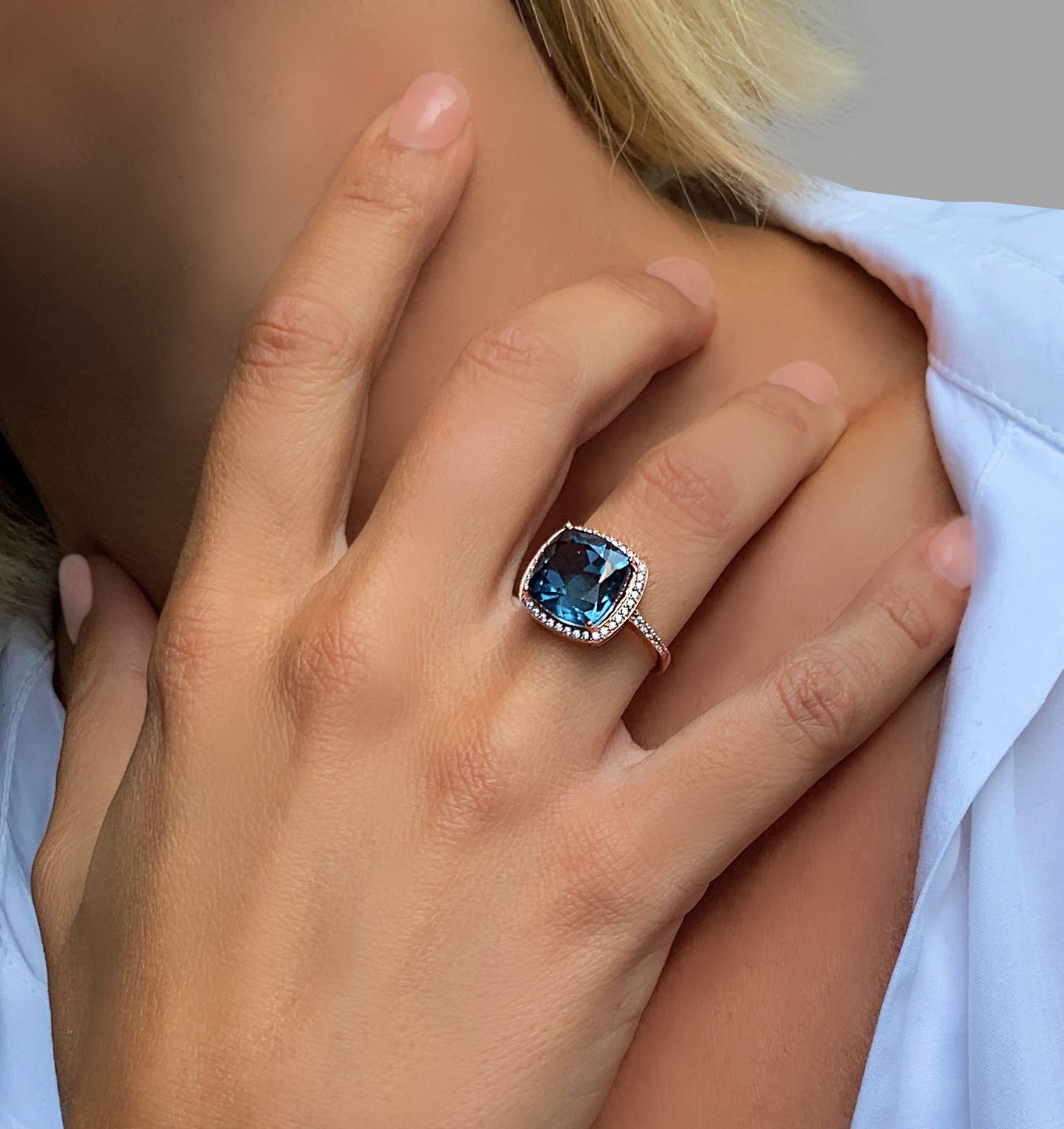 Bague en Argent 925 doré Or rose 18k assemblée de Topaze bleu Londres - Maison Di Giorgio