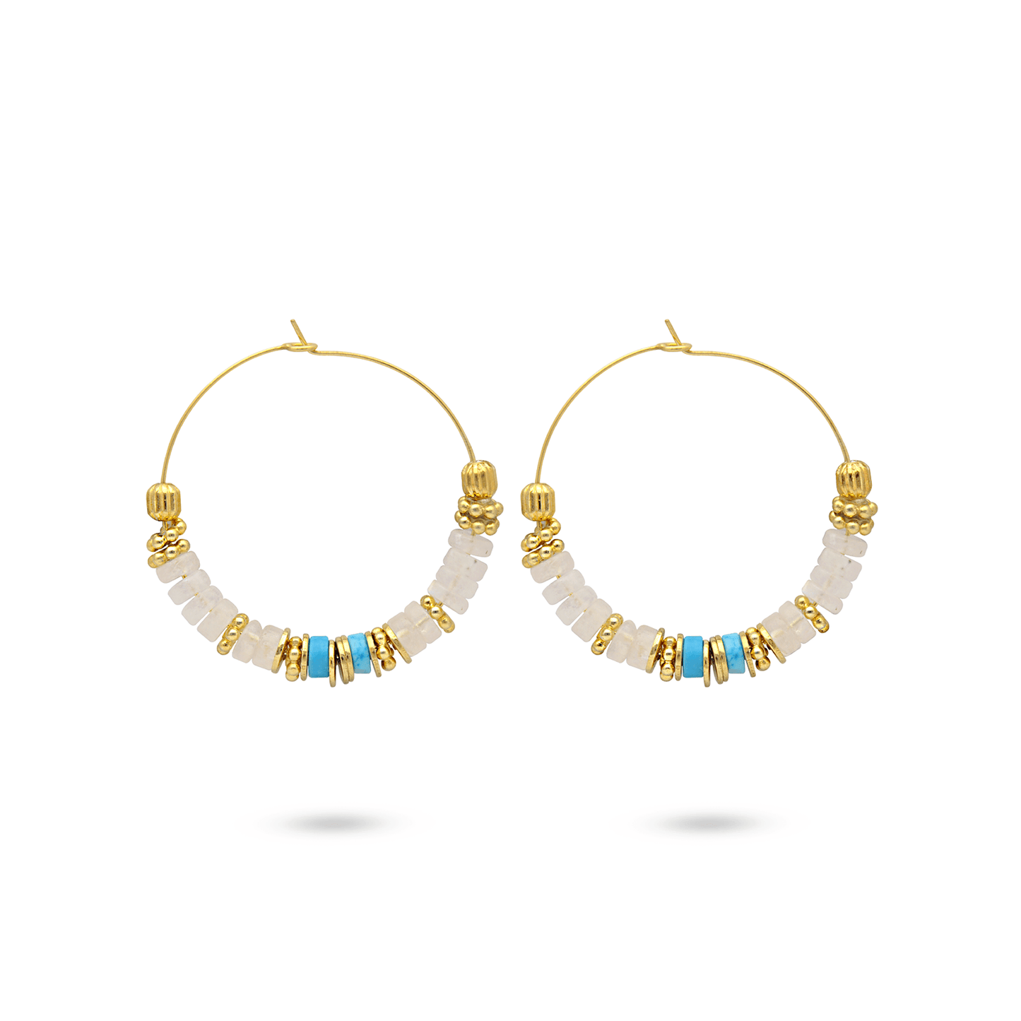 Boucles d'oreilles dorées Or jaune 18k assemblées de Pierre de lune et Turquoise - Maison Di Giorgio
