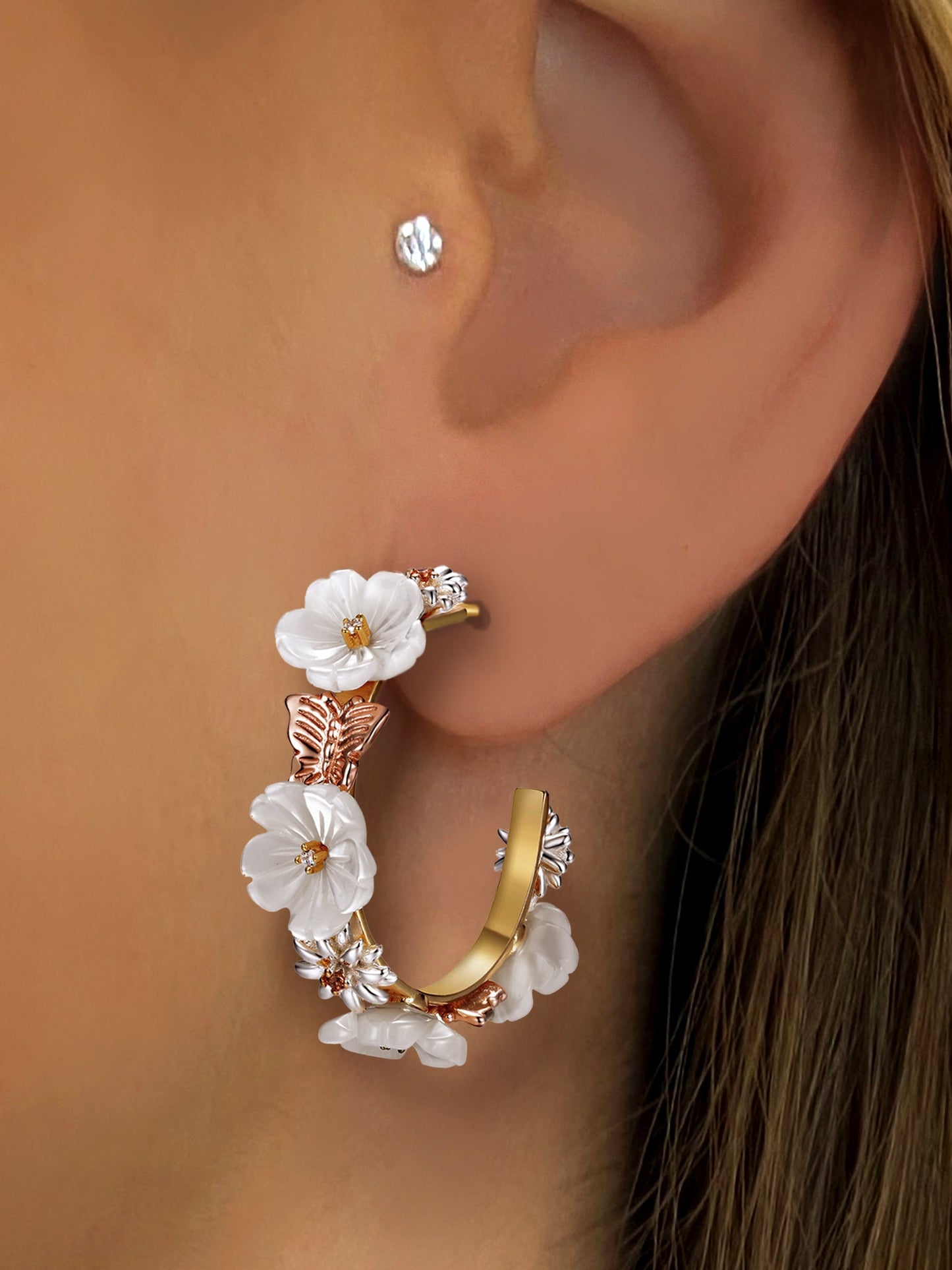 Boucles d'oreilles en Argent 925 doré Or jaune et rose 18k assemblées de Nacre, Champagne et d'Oxyde de zirconium - Maison Di Giorgio