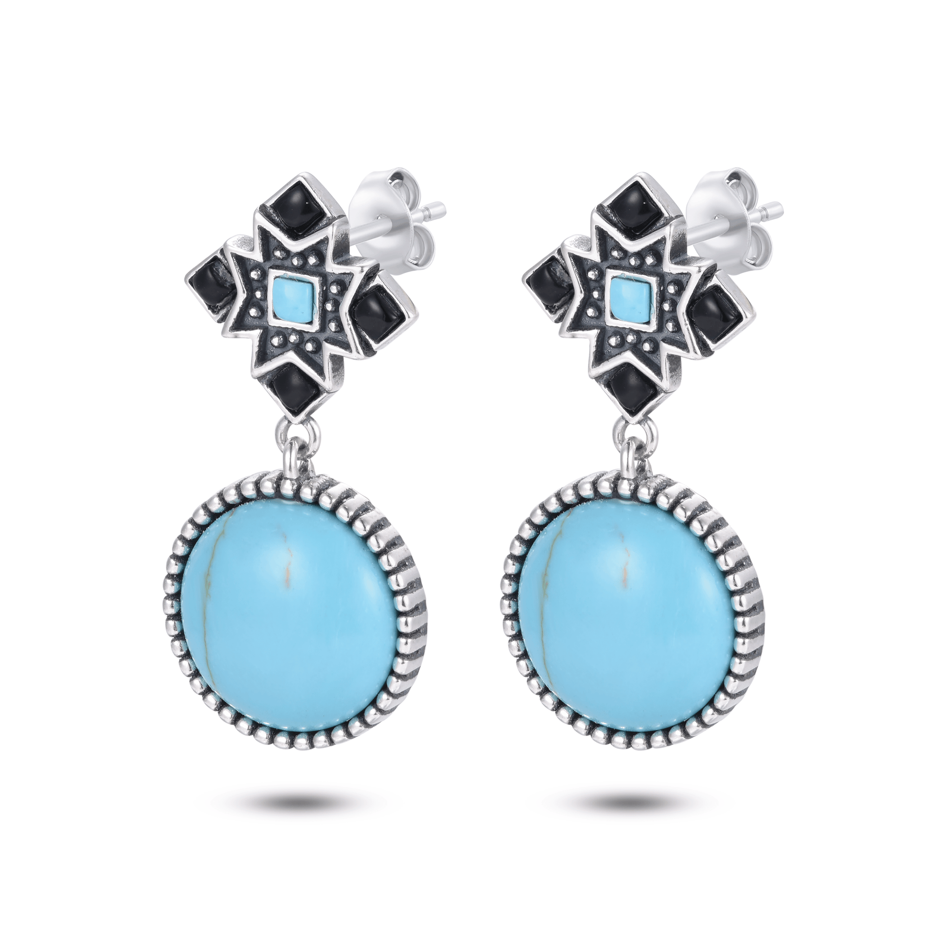 Boucles d'oreilles en Argent 925 oxydé assemblées de Turquoise et d'Onyx noir - Maison Di Giorgio