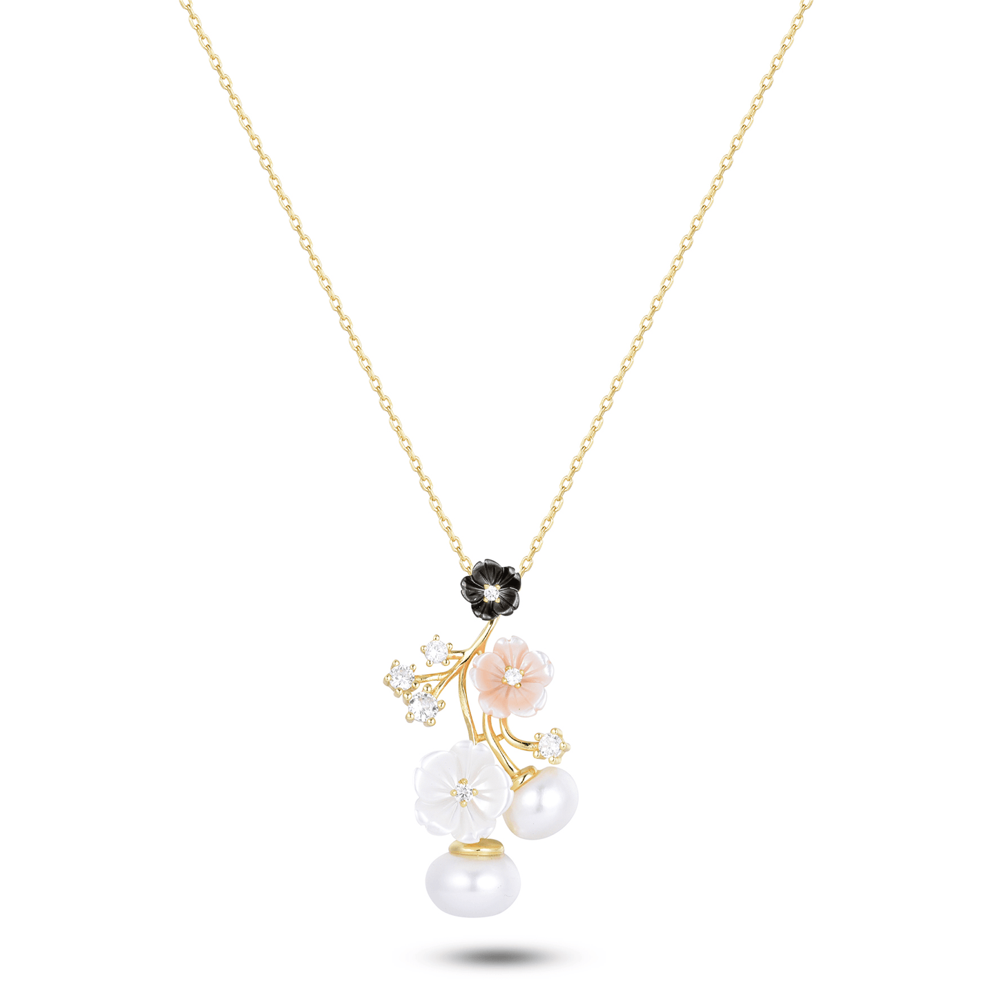 Collier en Argent 925 doré Or jaune 18k assemblé de Perle d'eau douce, Pierre de lune et Perle de coquille noire - Maison Di Giorgio