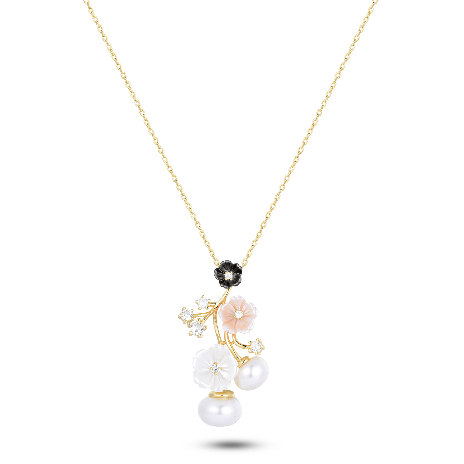 Collier en Argent 925 doré Or jaune 18k assemblé de Perle d'eau douce, Pierre de lune et Perle de coquille noire - Maison Di Giorgio