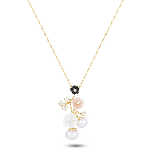 Collier en Argent 925 doré Or jaune 18k assemblé de Perle d'eau douce, Pierre de lune et Perle de coquille noire - Maison Di Giorgio