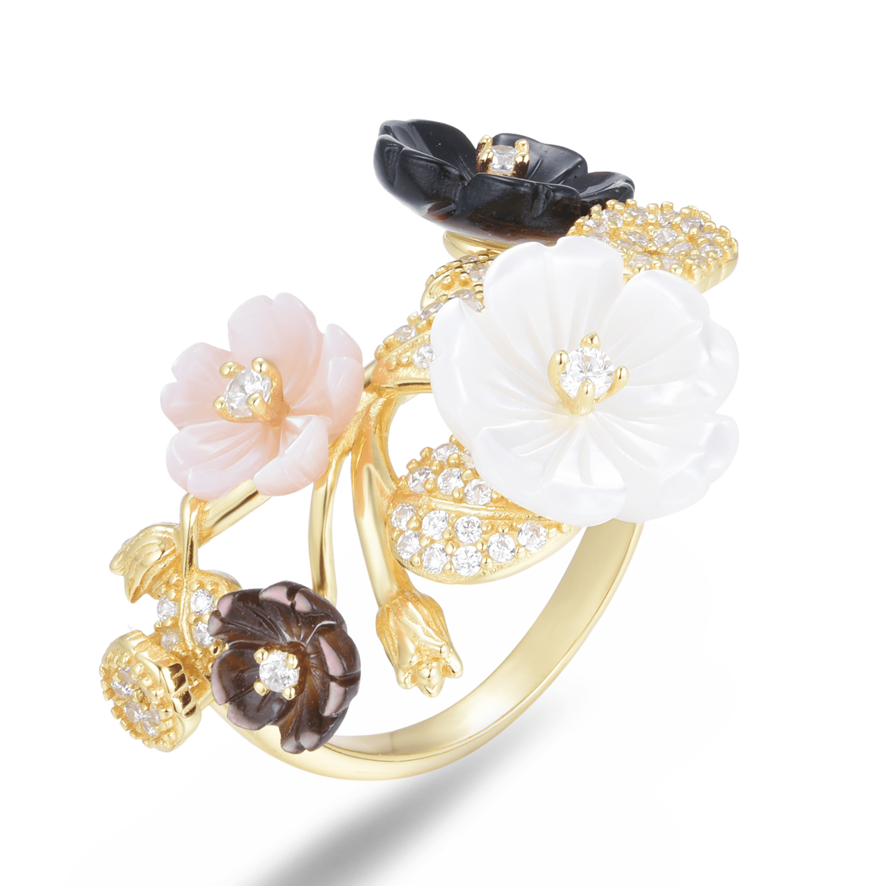 Bague en Argent 925 doré Or jaune 18k assemblée de Nacre, Perle de coquille noir et rose et Oxyde de zirconium - Maison Di Giorgio