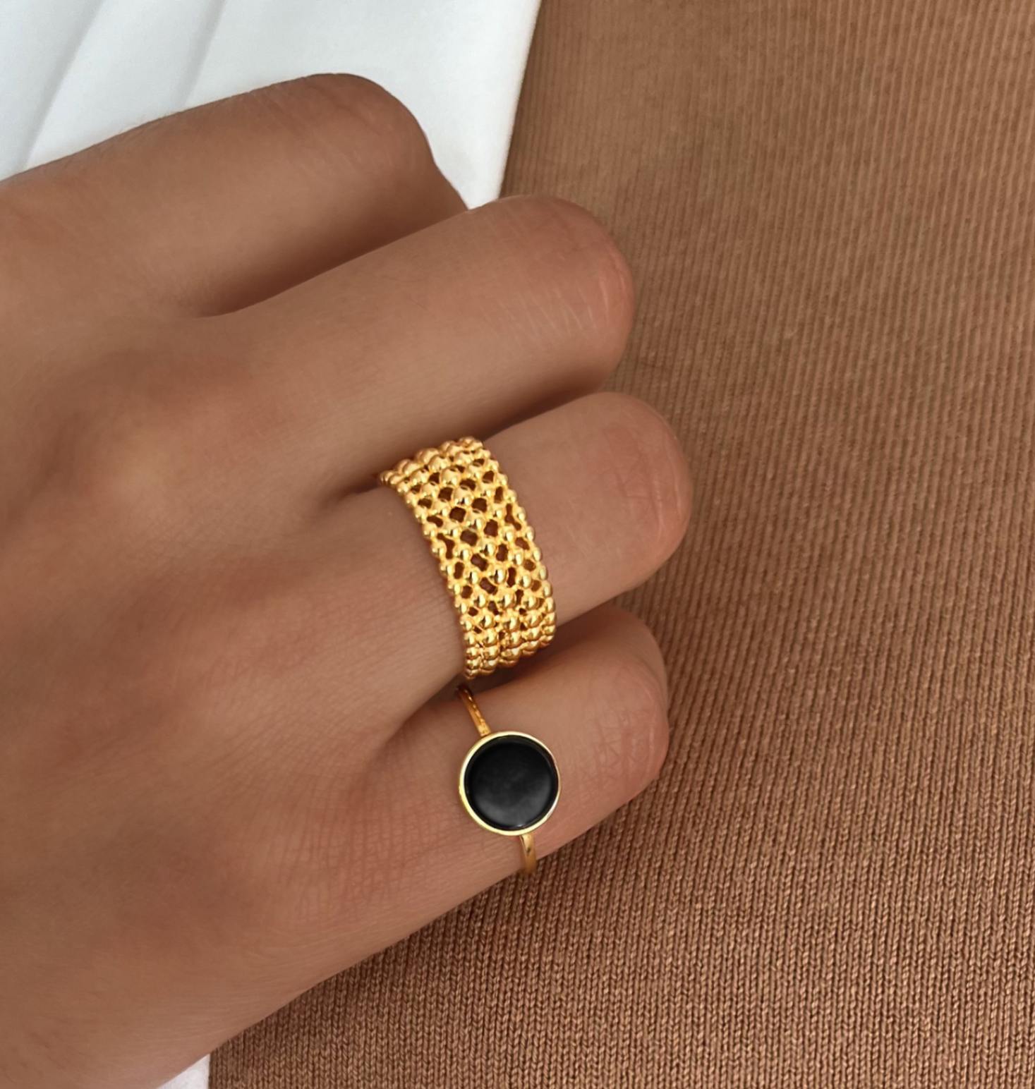 Bague en Argent 925 doré Or jaune 18k assemblée d'Onyx noir - Maison Di Giorgio