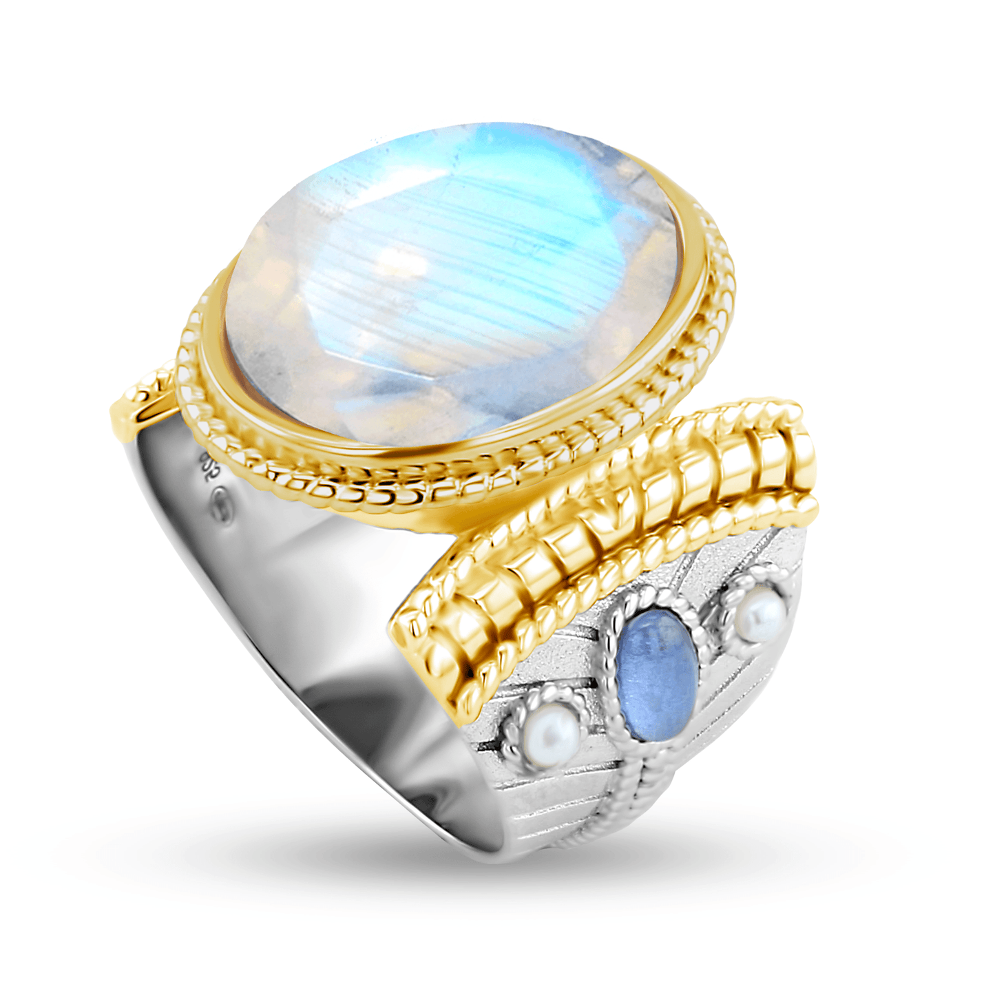 Bague en Argent 925 partiellement doré Or jaune 18k assemblée de Pierre de lune facetée, Perle blanche et Oxyde de zirconium tanzanite - Maison Di Giorgio