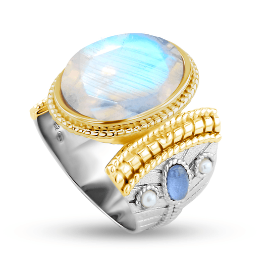 Bague en Argent 925 partiellement doré Or jaune 18k assemblée de Pierre de lune facetée, Perle blanche et Oxyde de zirconium tanzanite - Maison Di Giorgio