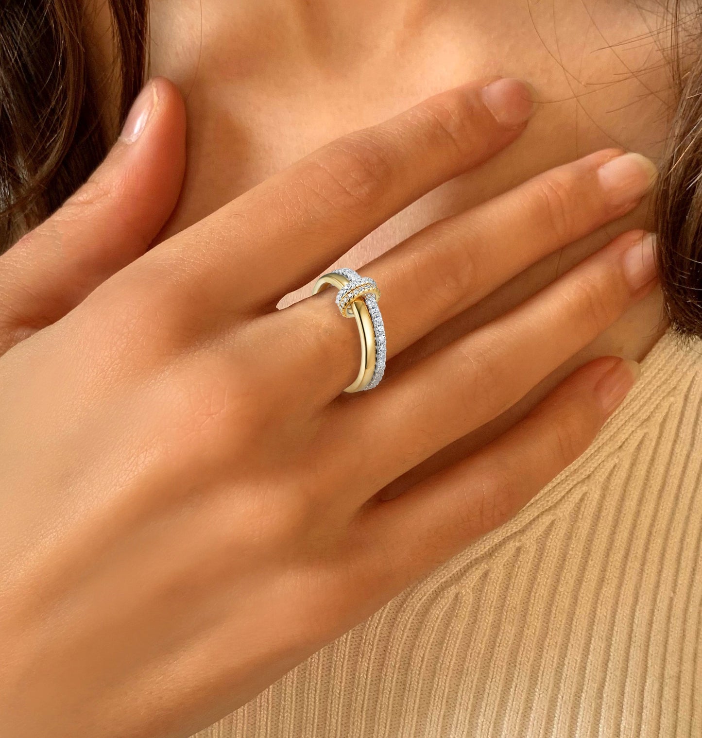 Bague en Argent 925 plaqué Argent et Or jaune 18k assemblée d'oxyde de zirconium blanc - Maison Di Giorgio