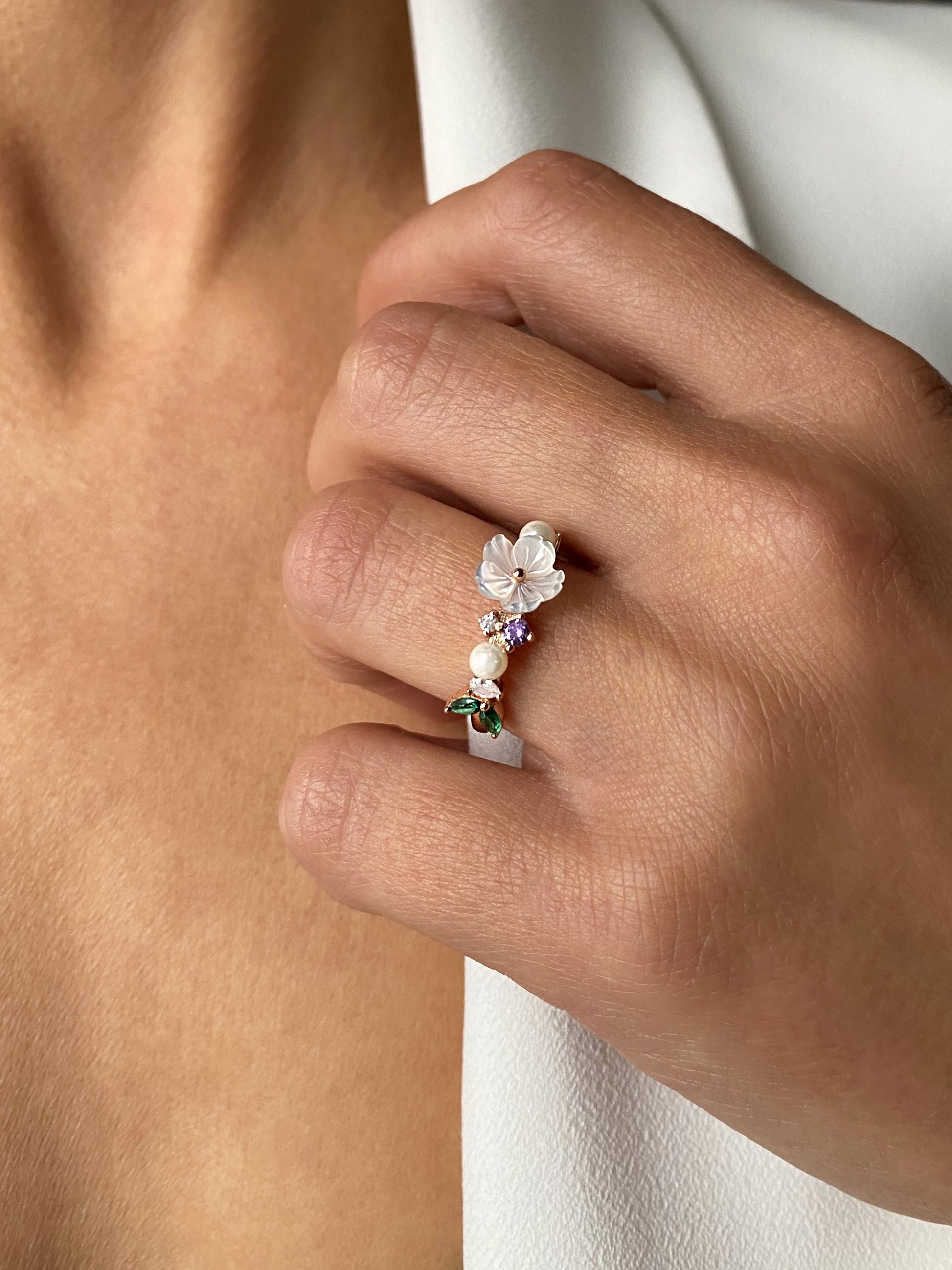 Bague en Argent 925 doré Or rose 18k assemblée de Perle de coquille, Nacre et Oxyde de zirconium - Maison Di Giorgio