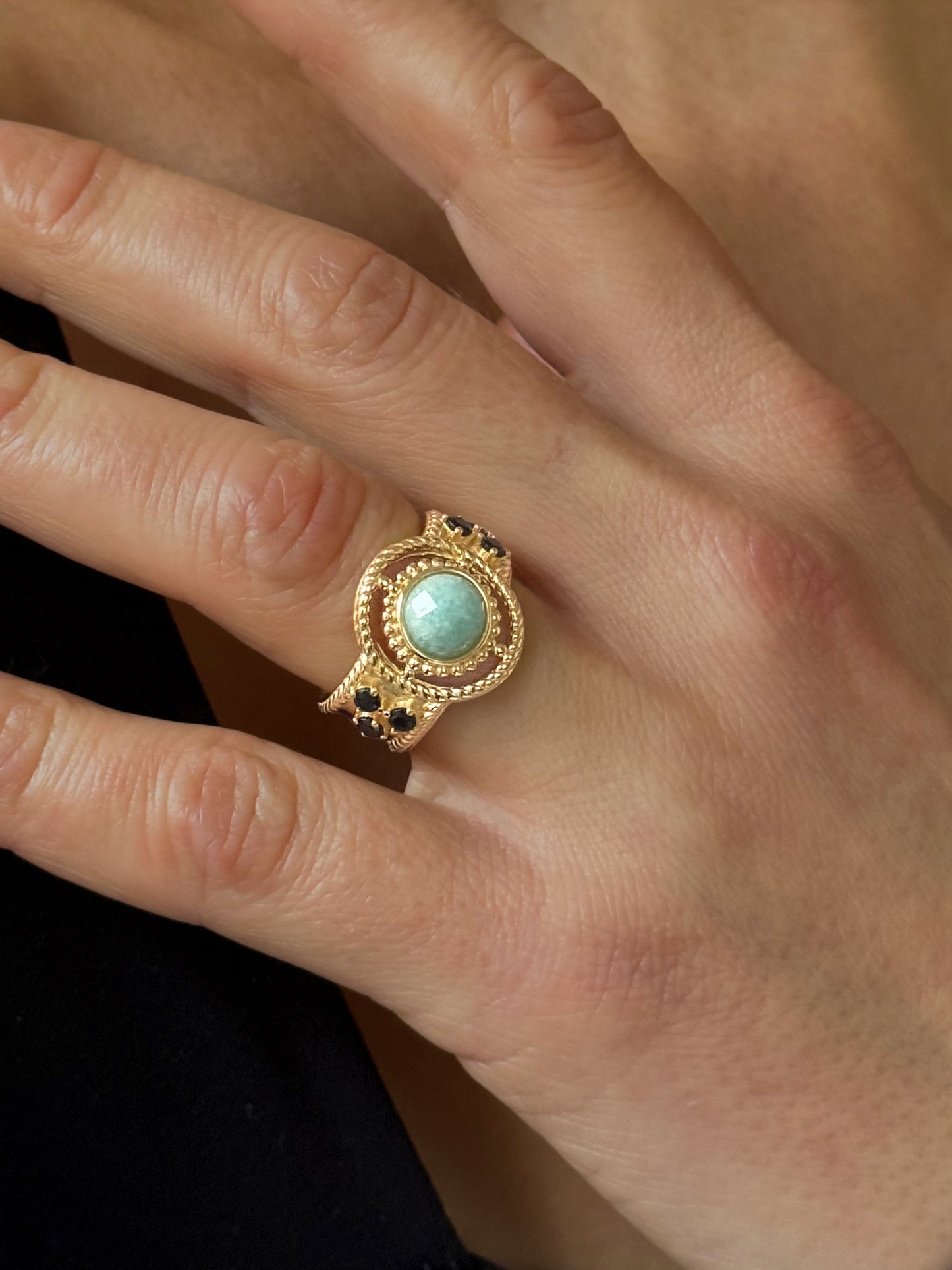 Bague en Argent 925 doré Or jaune 18k assemblée d'Amazonite et Oxyde de zirconium noir - Maison Di Giorgio