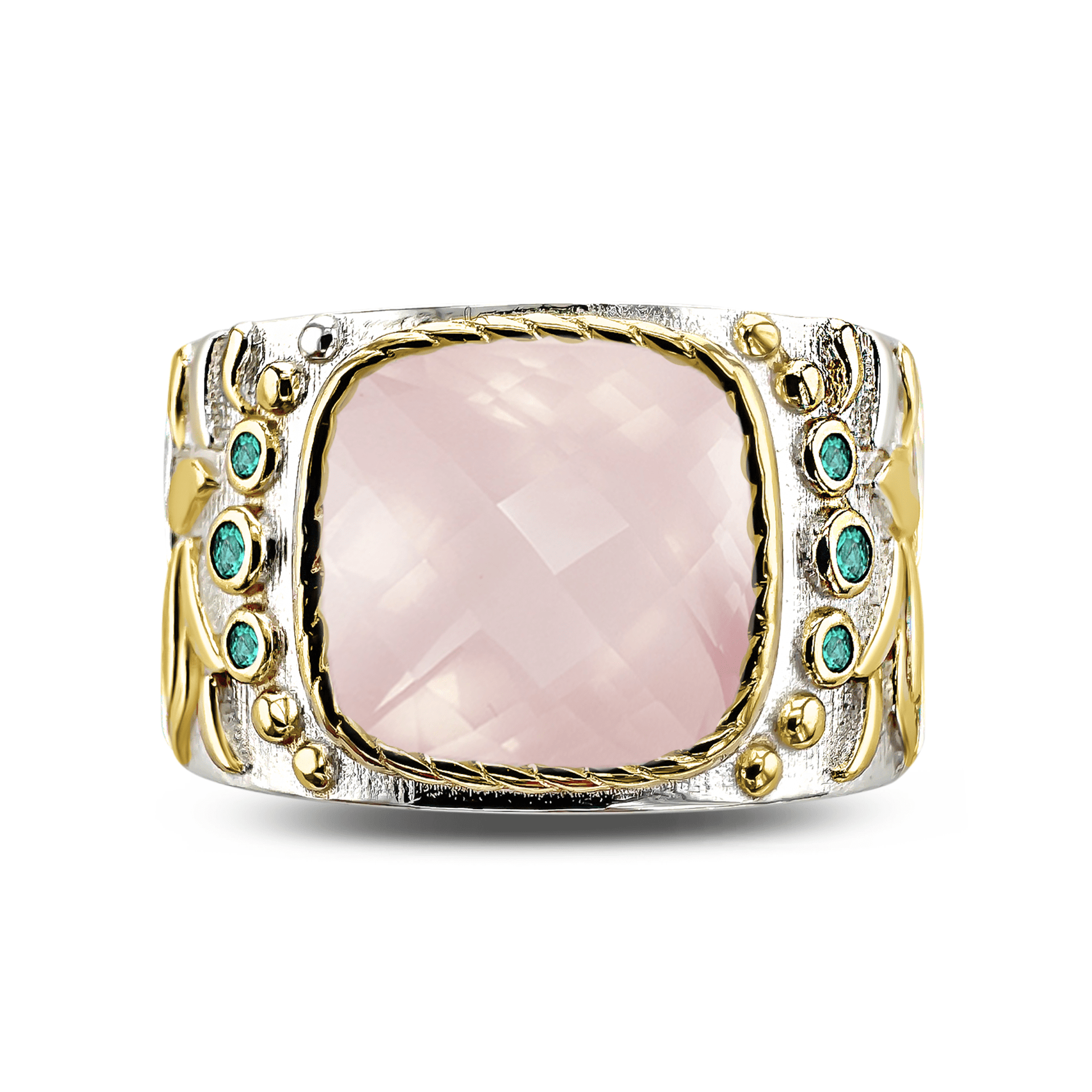 Bague en Argent 925 partiellement doré Or jaune 18k et assemblée de Quartz rose et Oxyde de zirconium émeraude - Maison Di Giorgio