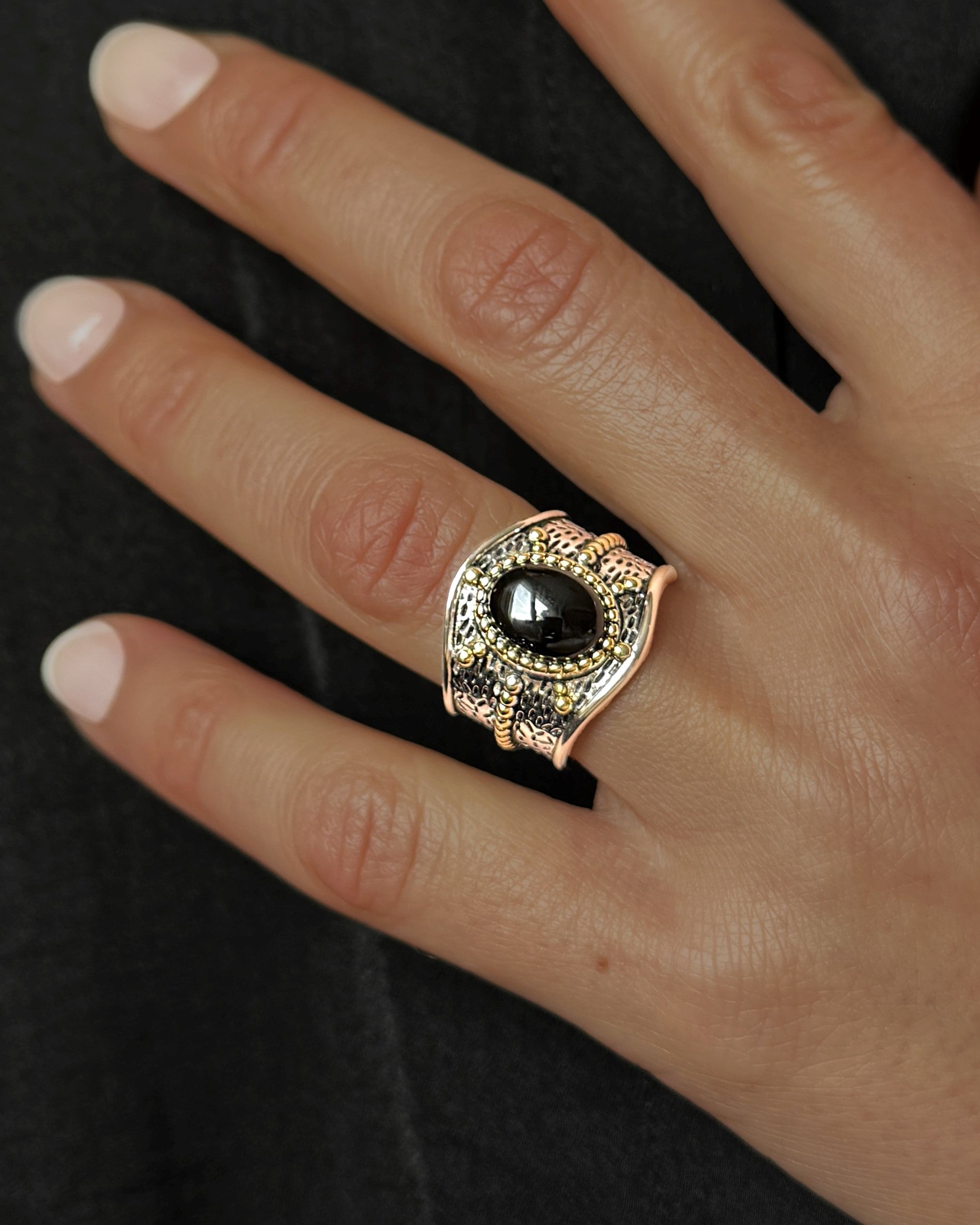 Bague en Argent 925 partiellement doré Or jaune 18k assemblée de Onyx noir - Maison Di Giorgio