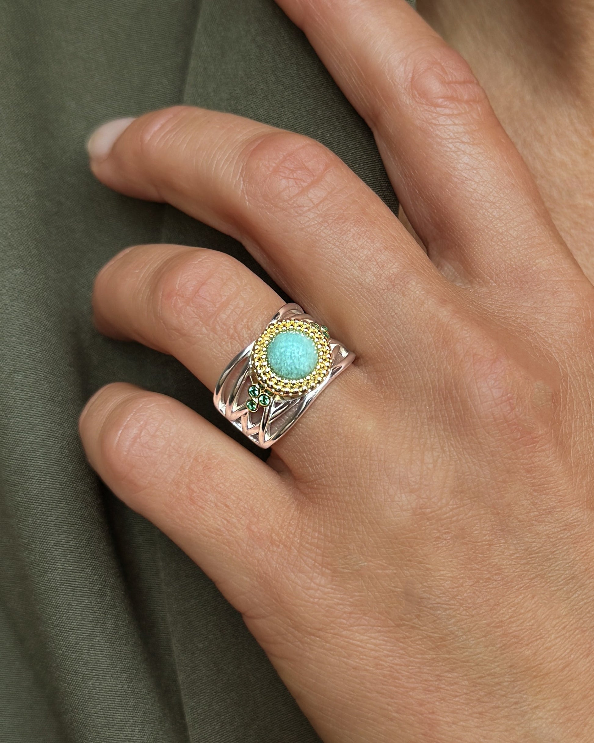 Bague en Argent 925 partiellement doré Or jaune 18k assemblée de Amazonite - Maison Di Giorgio