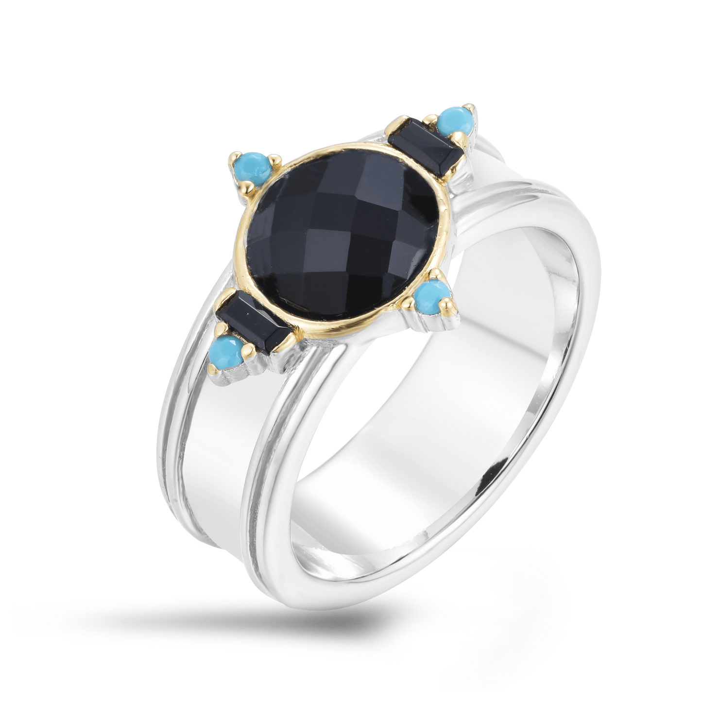 Bague en Argent 925 partiellement doré Or jaune 18k assemblée de Oxyde de zirconium noir, Onyx noir et Turquoise - Maison Di Giorgio