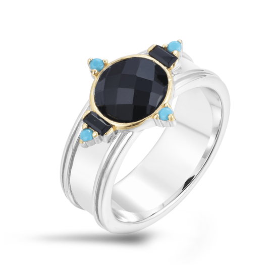 Bague en Argent 925 partiellement doré Or jaune 18k assemblée de Oxyde de zirconium noir, Onyx noir et Turquoise - Maison Di Giorgio