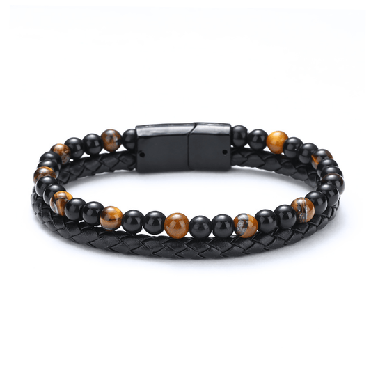 Bracelet cuir et acier inoxydable plaqué rhodium assemblé de pierre de lave et oeil de tigre - Maison Di Giorgio
