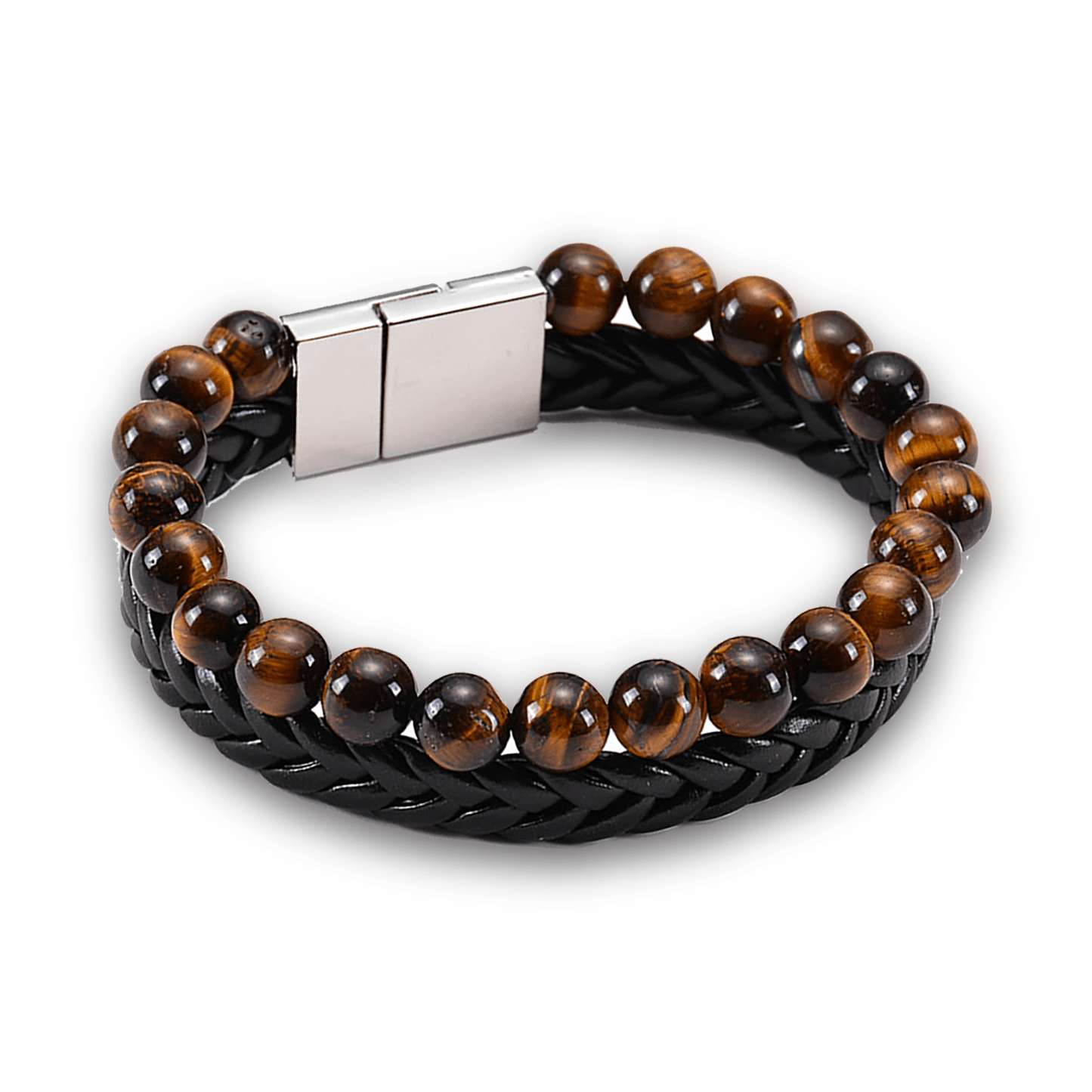 Bracelet cuir véritable et acier inoxydable plaqué Argent assemblé de perles d'oeil de tigre - Maison Di Giorgio