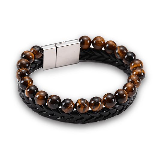 Bracelet cuir véritable et acier inoxydable plaqué Argent assemblé de perles d'oeil de tigre - Maison Di Giorgio