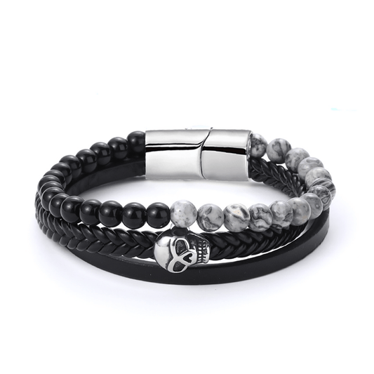 Bracelet cuir véritable et acier inoxydable plaqué Argent assemblé de pierre de lave - Maison Di Giorgio