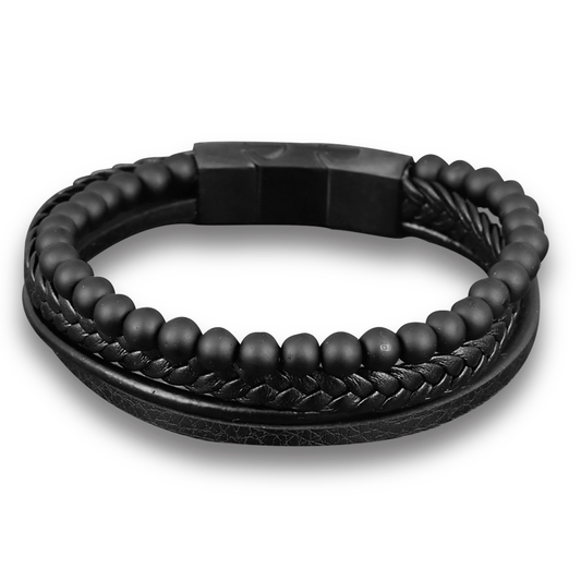 Bracelet cuir véritable et acier inoxydable plaqué rhodium assemblé de pierre de lave - Maison Di Giorgio
