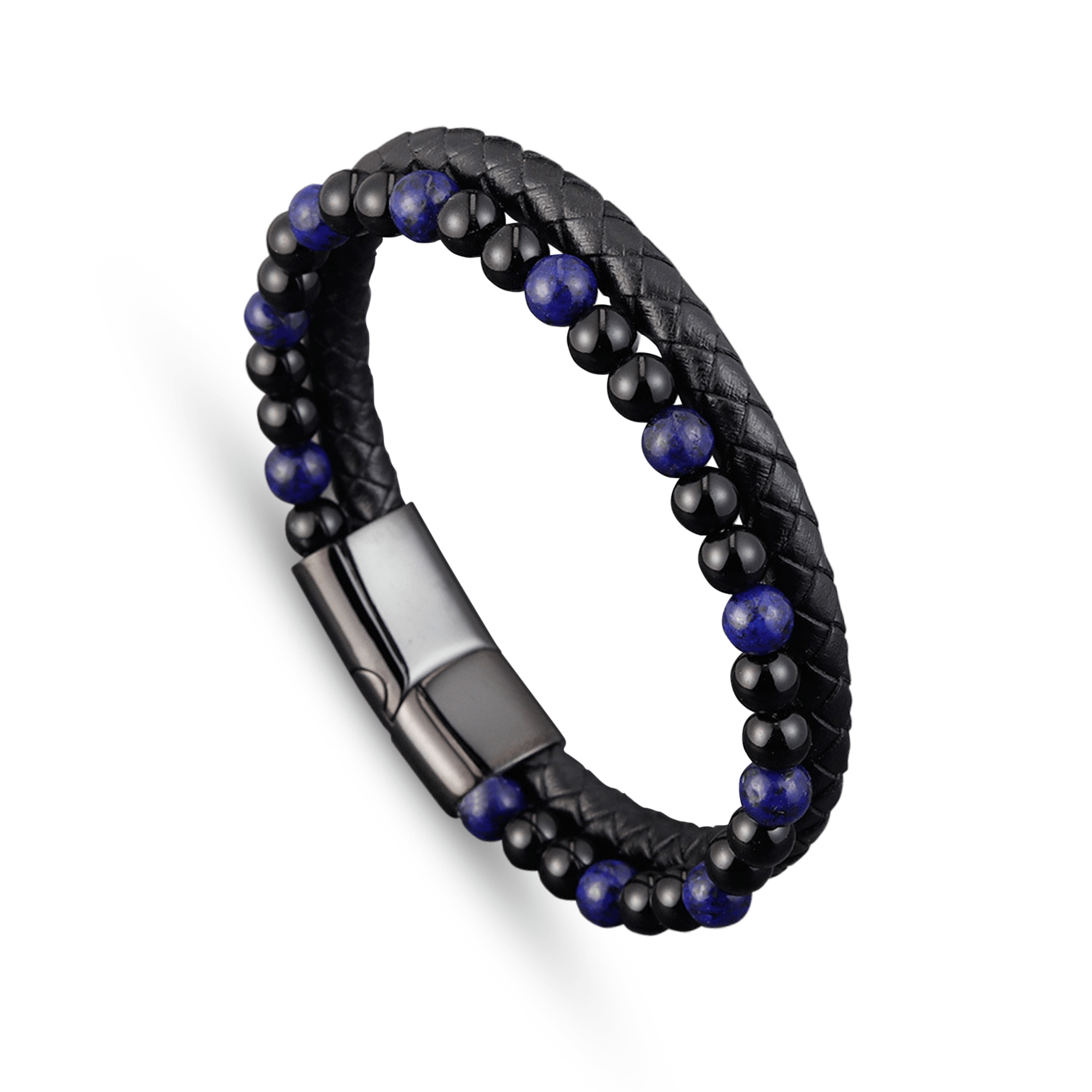 Bracelet cuir véritable et acier inoxydable plaqué rhodium assemblé de pierre de lave et lapis - lazuli - Maison Di Giorgio