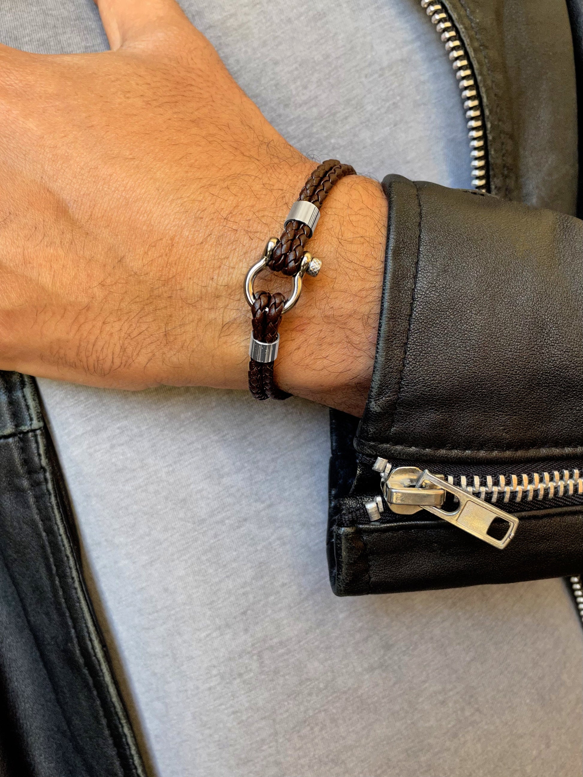 Bracelet cuir véritable et Acier inoxydable plaqué Argent - Maison Di Giorgio