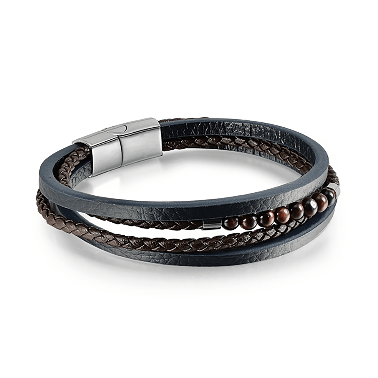 Bracelet cuir véritable et acier inoxydable plaqué Argent assemblé d'oeil de tigre rouge - Maison Di Giorgio