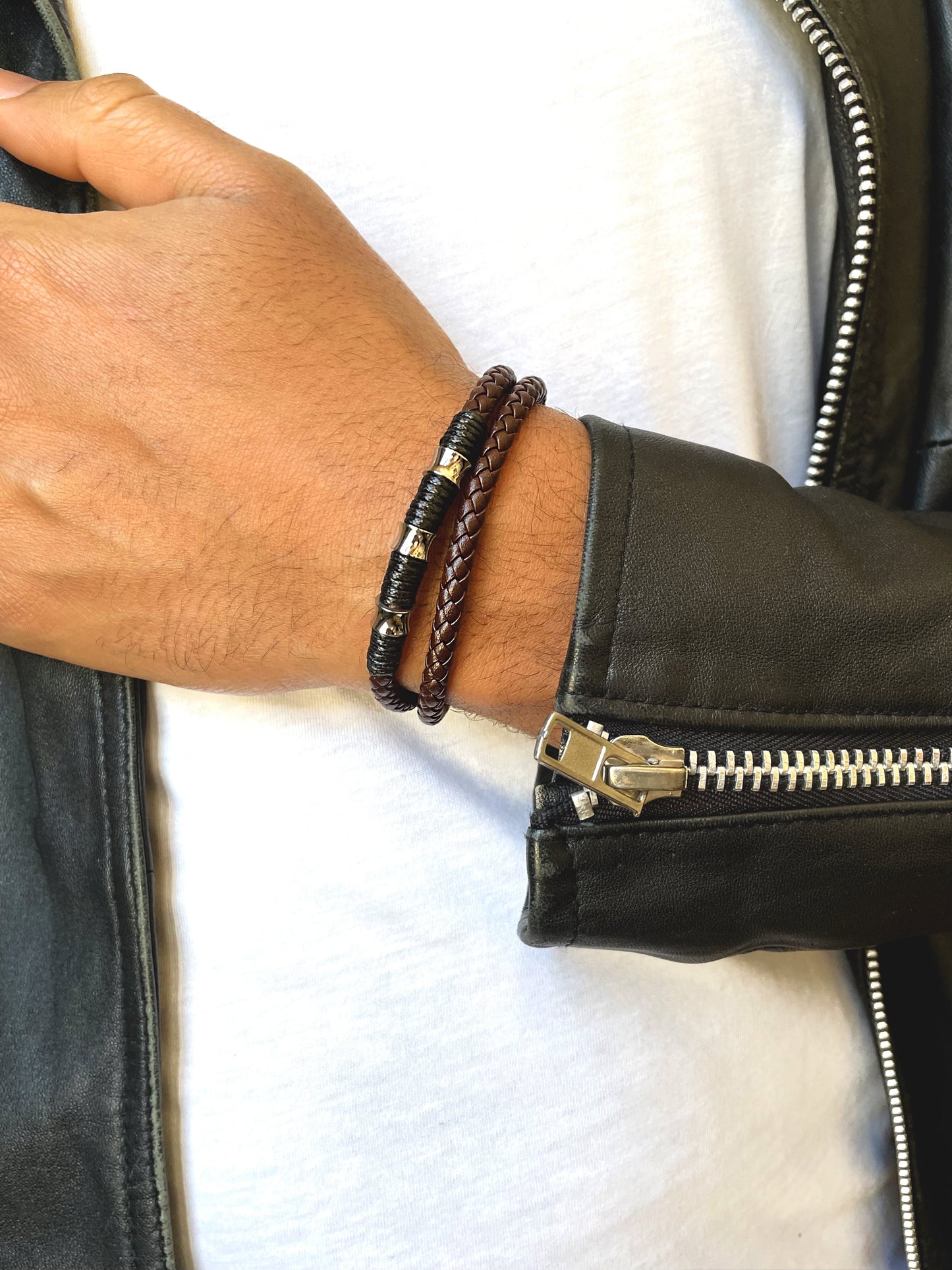 Bracelet cuir véritable et Acier inoxydable plaqué Argent - Maison Di Giorgio