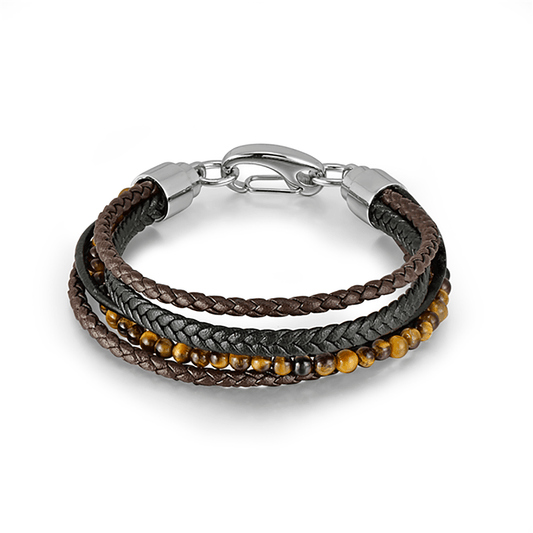Bracelet cuir véritable et acier inoxydable plaqué Argent assemblé d'oeil de tigre - Maison Di Giorgio