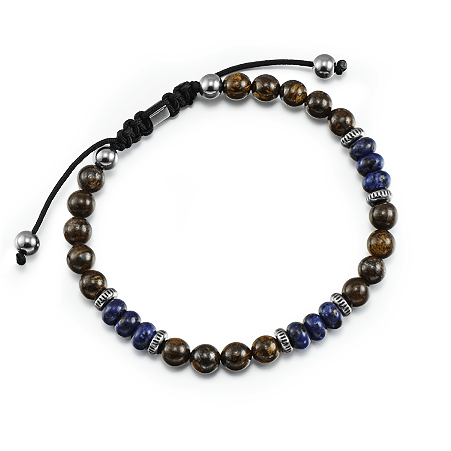 Bracelet perles en acier inoxydable plaqué argent et assemblé de bronze gris et lapis - lazuli - Maison Di Giorgio