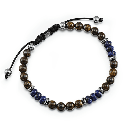 Bracelet perles en acier inoxydable plaqué argent et assemblé de bronze gris et lapis - lazuli - Maison Di Giorgio