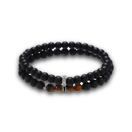 Bracelet perles assemblé de Pierre mate, d'Oeil de tigre, plaqué Rhodium - Maison Di Giorgio