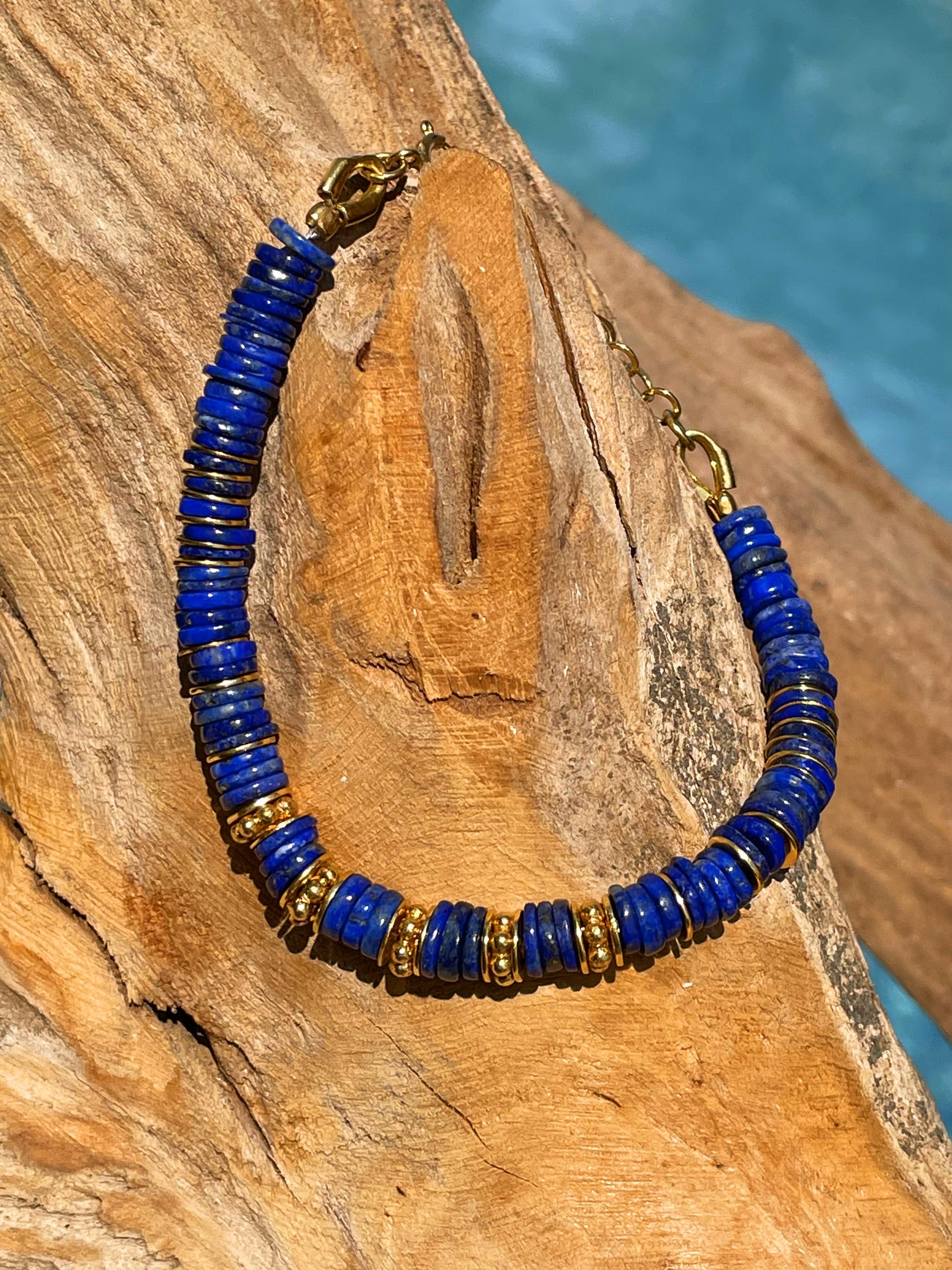 Bracelet perles doré Or jaune 18k assemblé de lapis - lazuli - Maison Di Giorgio