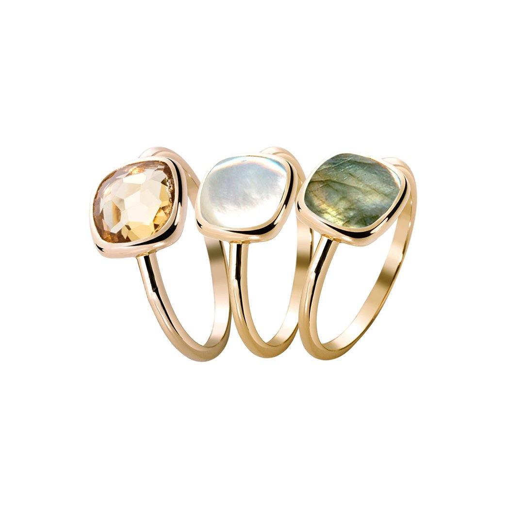 Composition de bagues en Argent 925 doré Or jaune 18k assemblées de Citrine, Nacre et Labradorite - Maison Di Giorgio