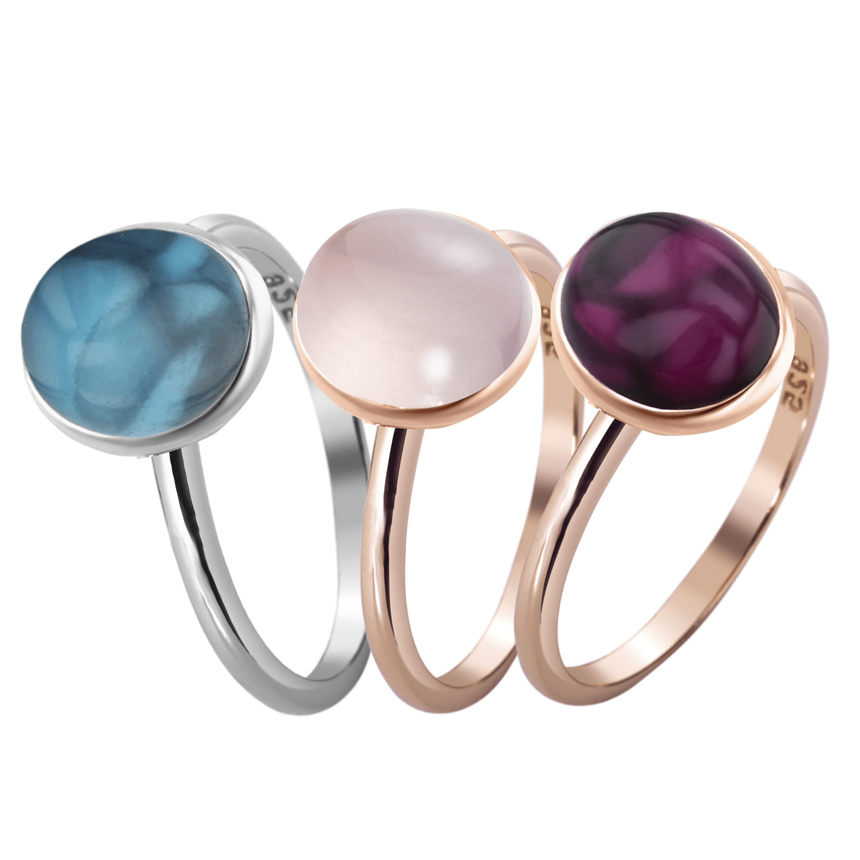 Composition de bagues en Argent 925 plaqué Rhodium et Or rose 18k assemblées de Topaze bleu Londres, Quartz rose et Tourmaline rose - Maison Di Giorgio