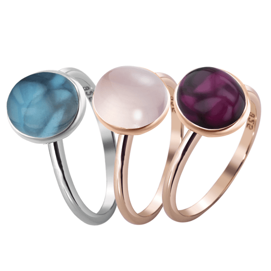 Composition de bagues en Argent 925 plaqué Rhodium et Or rose 18k assemblées de Topaze bleu Londres, Quartz rose et Tourmaline rose - Maison Di Giorgio