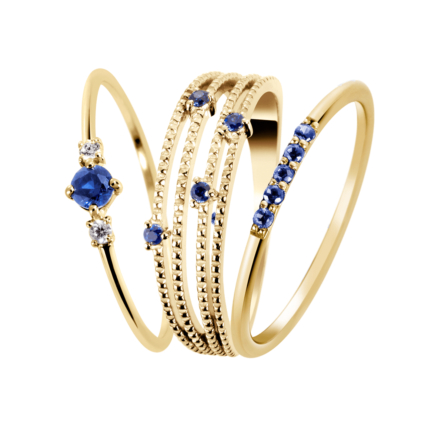 Composition de bagues en Argent 925 doré Or jaune 18k assemblées de Saphir bleu et Oxyde de zirconium - Maison Di Giorgio