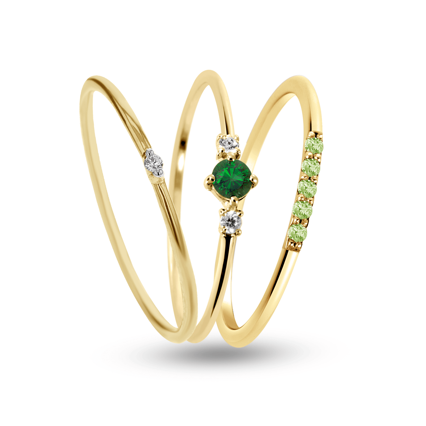 Composition de bagues en Argent 925 doré Or jaune 18k assemblées de Diamant HSI, Émeraude, Péridot et Oxyde de zirconium - Maison Di Giorgio