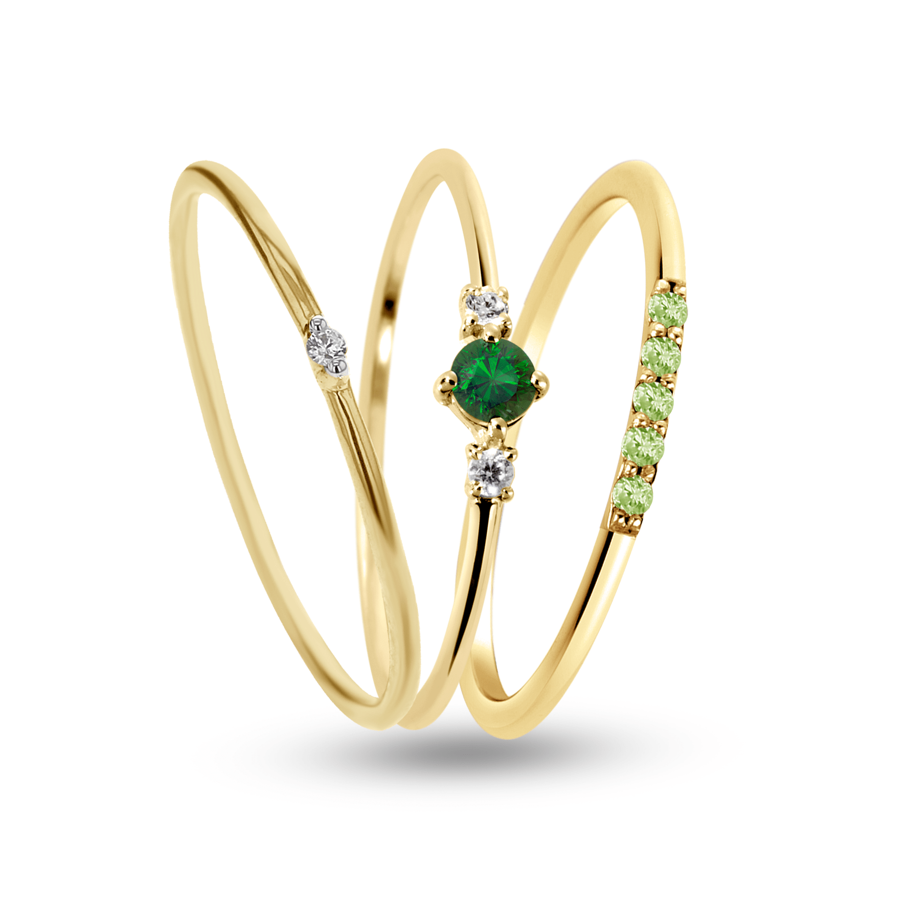 Composition de bagues en Argent 925 doré Or jaune 18k assemblées de Diamant HSI, Émeraude, Péridot et Oxyde de zirconium - Maison Di Giorgio